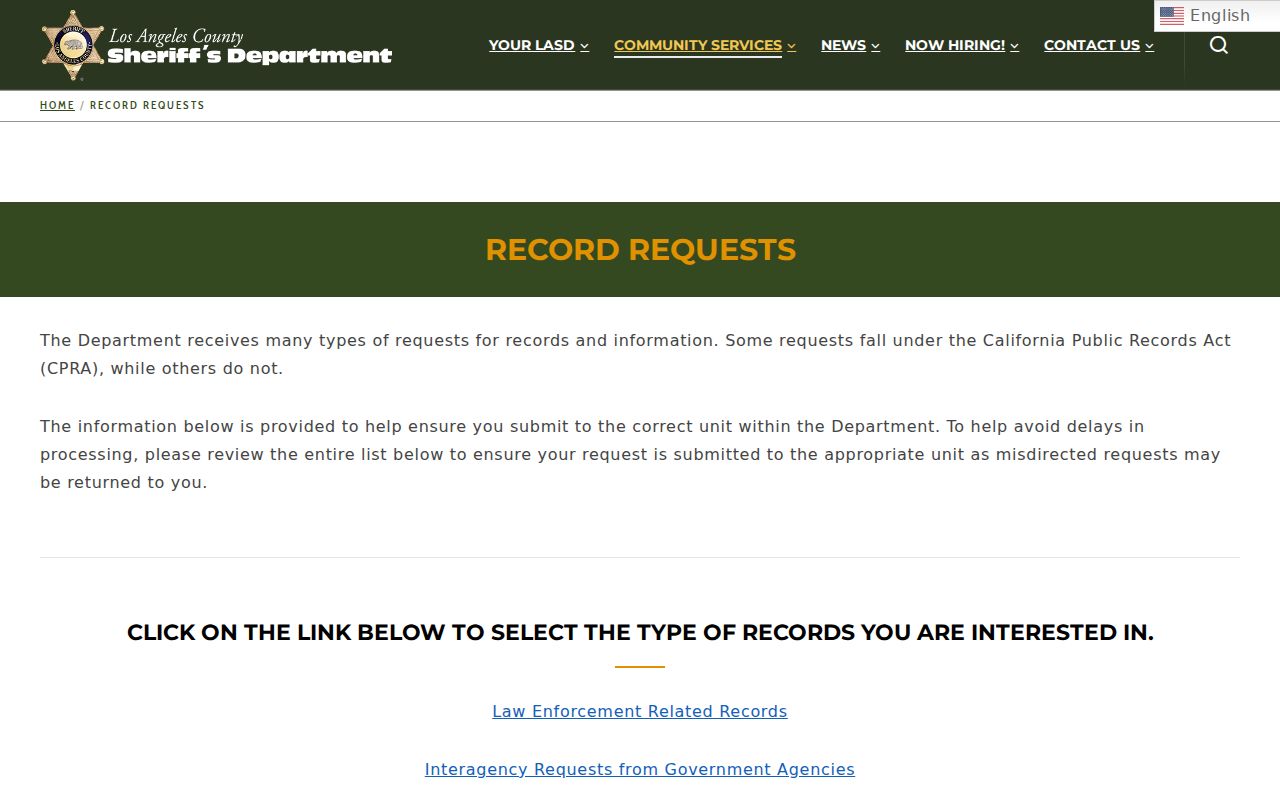 LASD custody public records request page