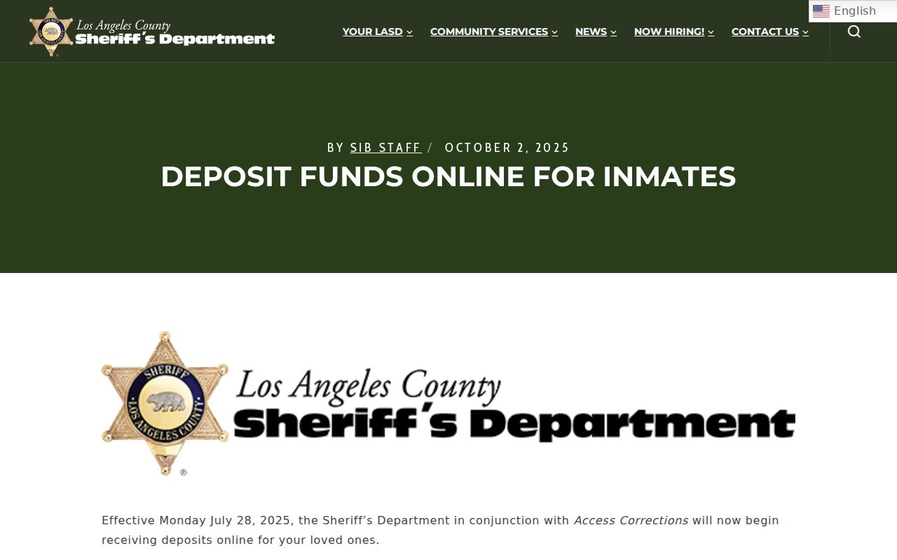 LASD notice for Access Corrections online inmate deposits