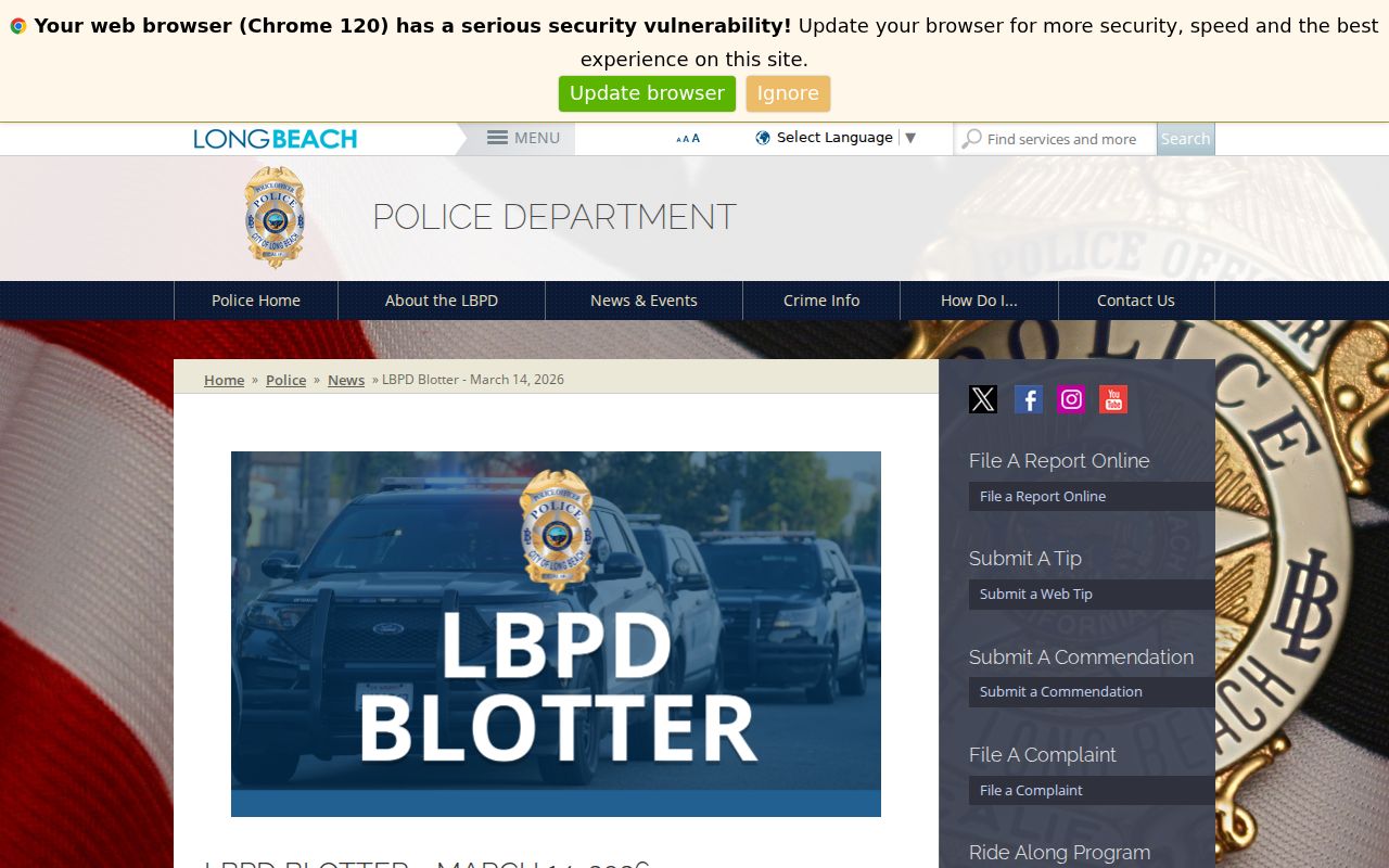 Long Beach Police Department preliminary blotter page