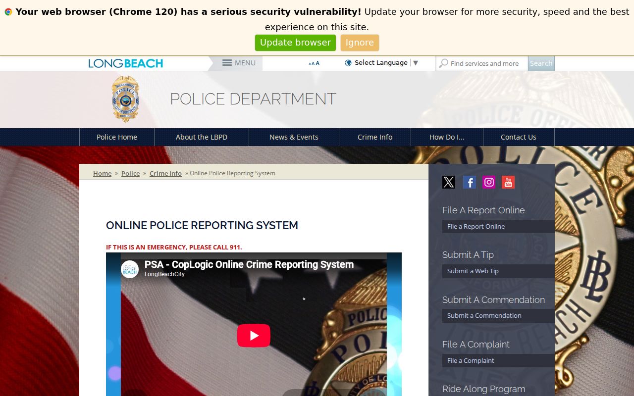 Long Beach Police Department online police reporting page