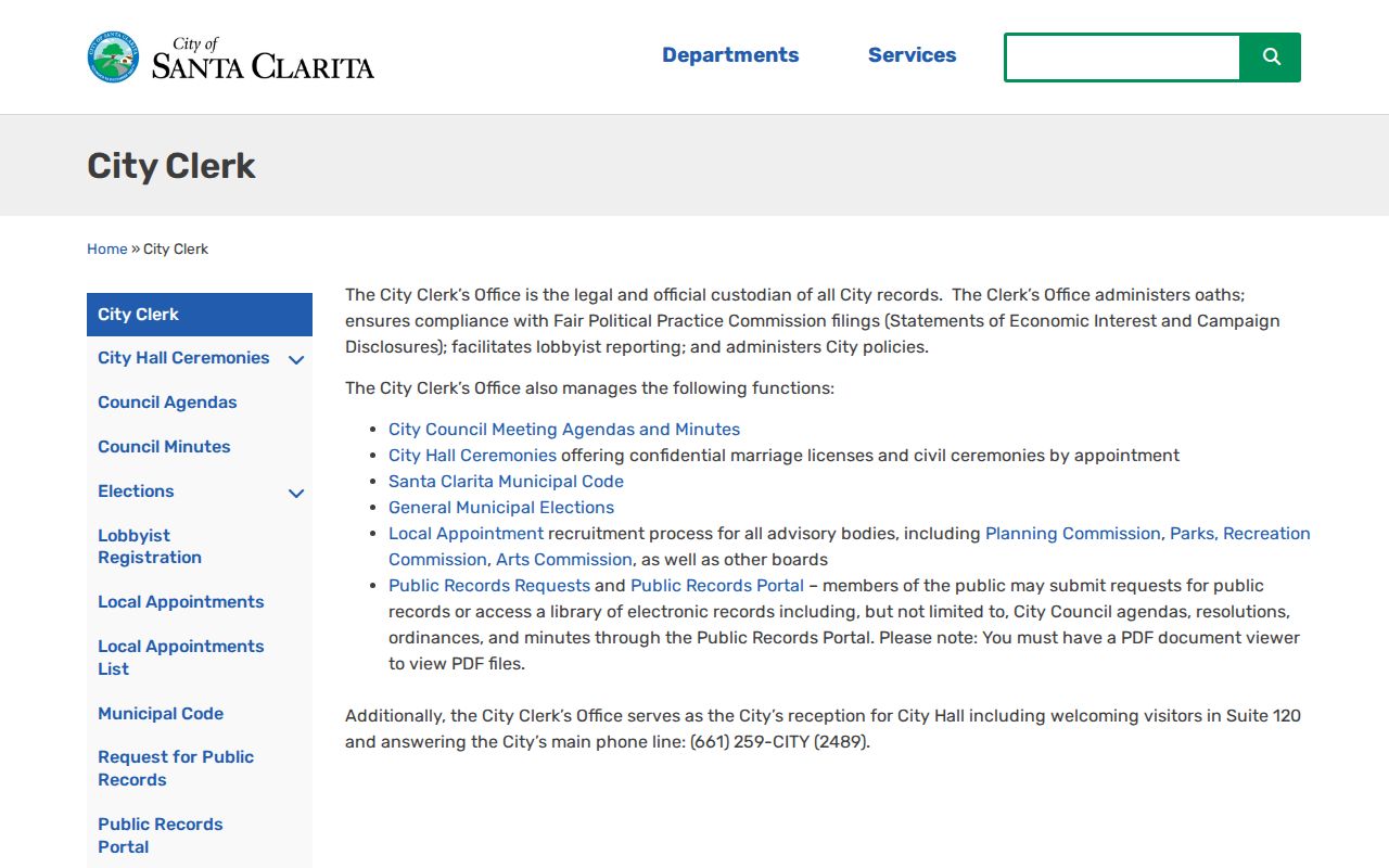 Santa Clarita City Clerk public records portal page