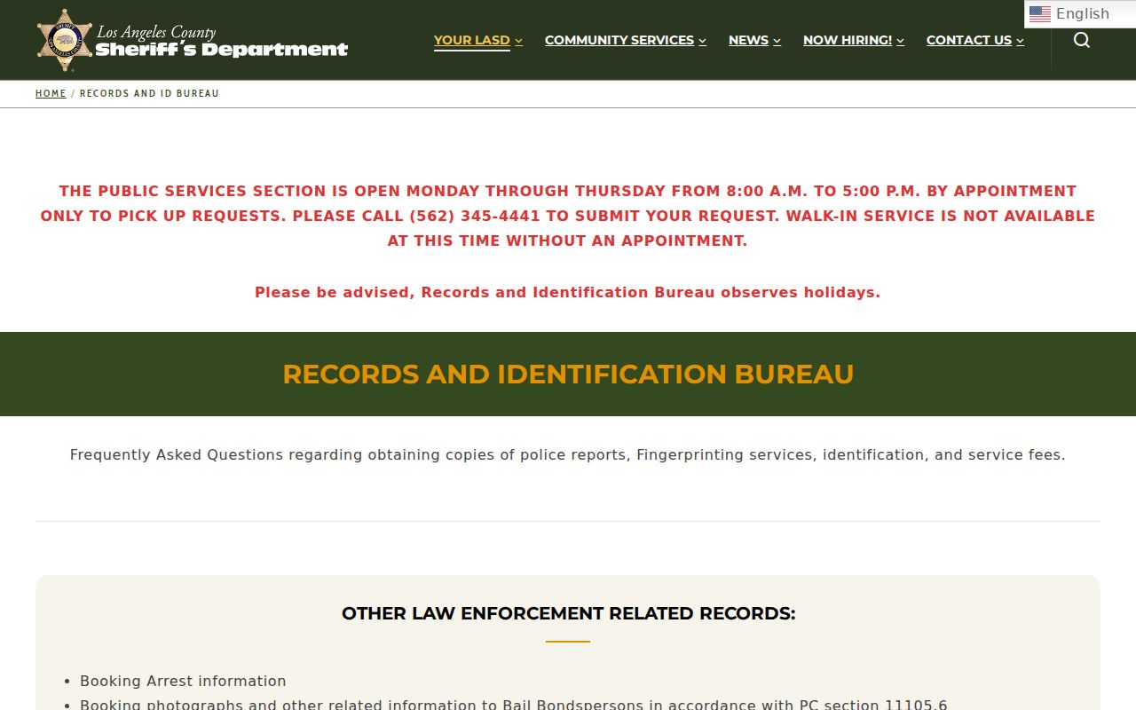 LASD Records and Identification Bureau record request information