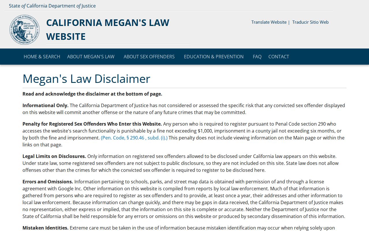 California Megan's Law Website search and legal disclaimer