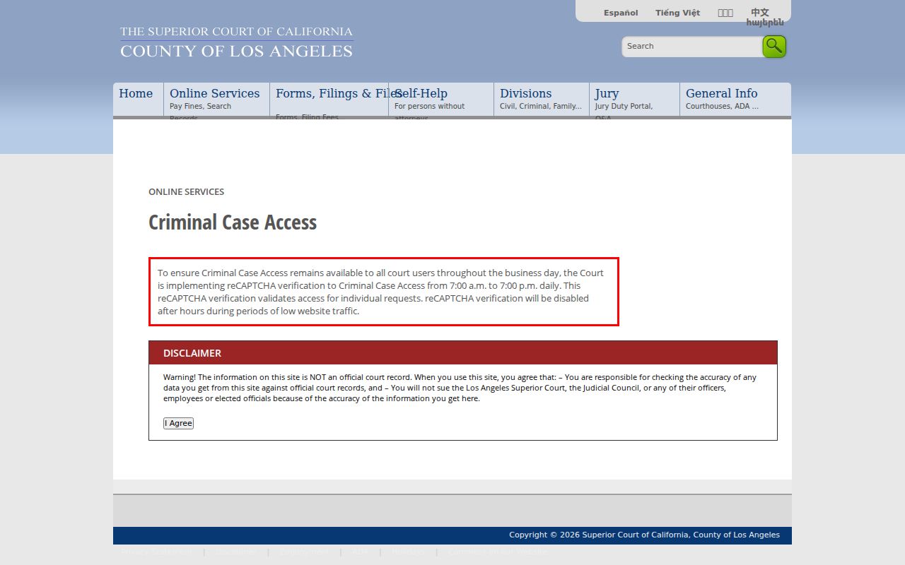 Los Angeles Superior Court Criminal Case Access search page