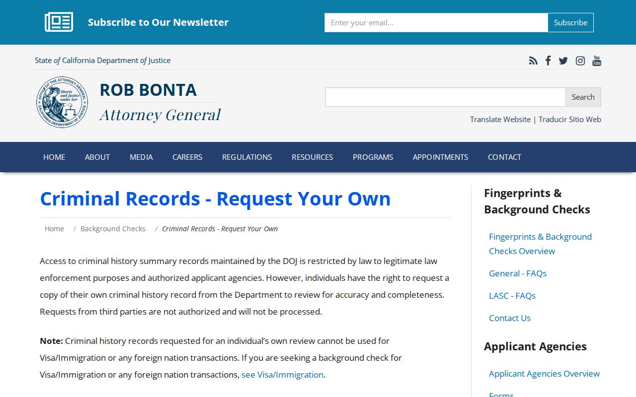 California DOJ instructions for fingerprint criminal record review