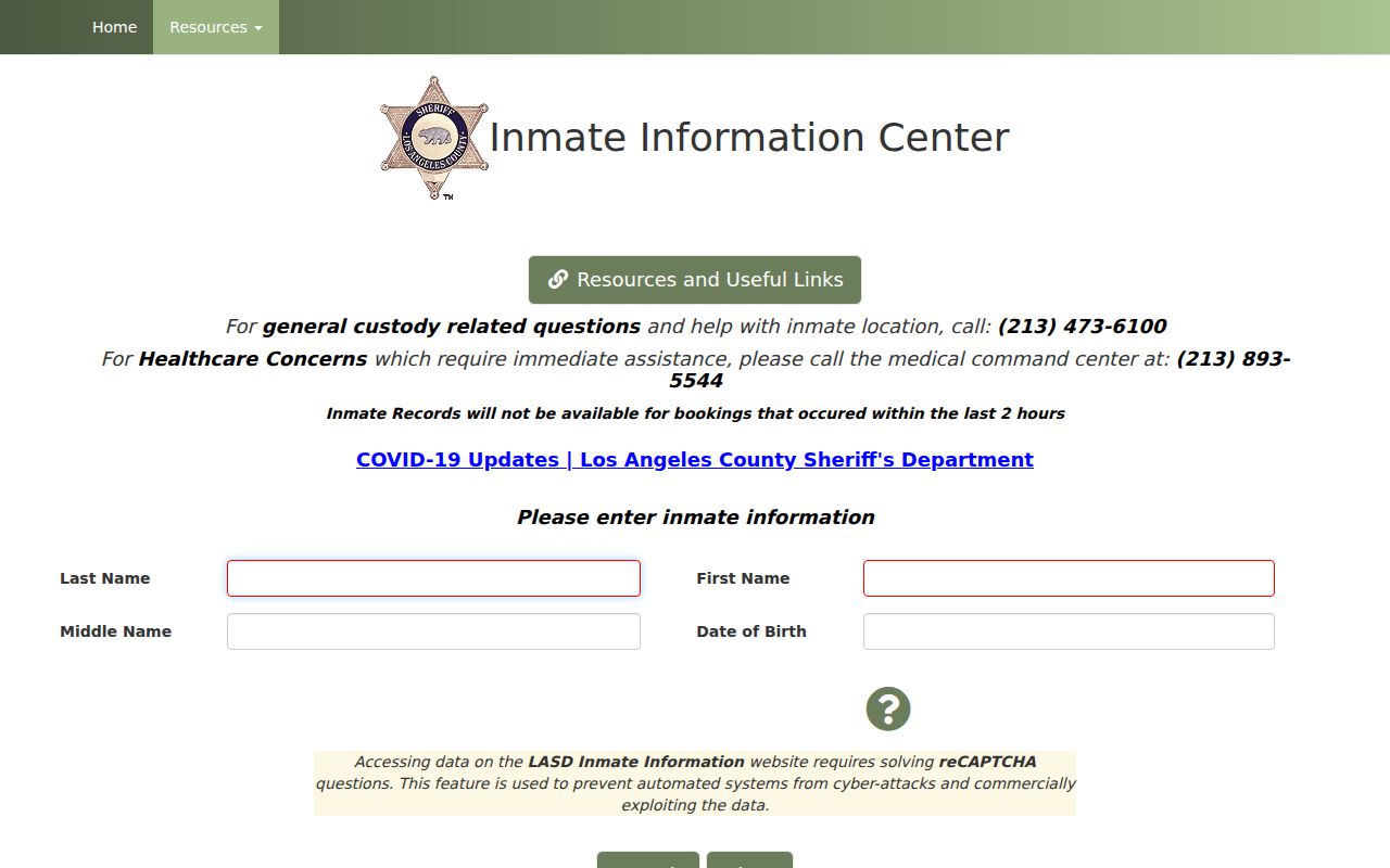 LASD Inmate Information Center custody search interface