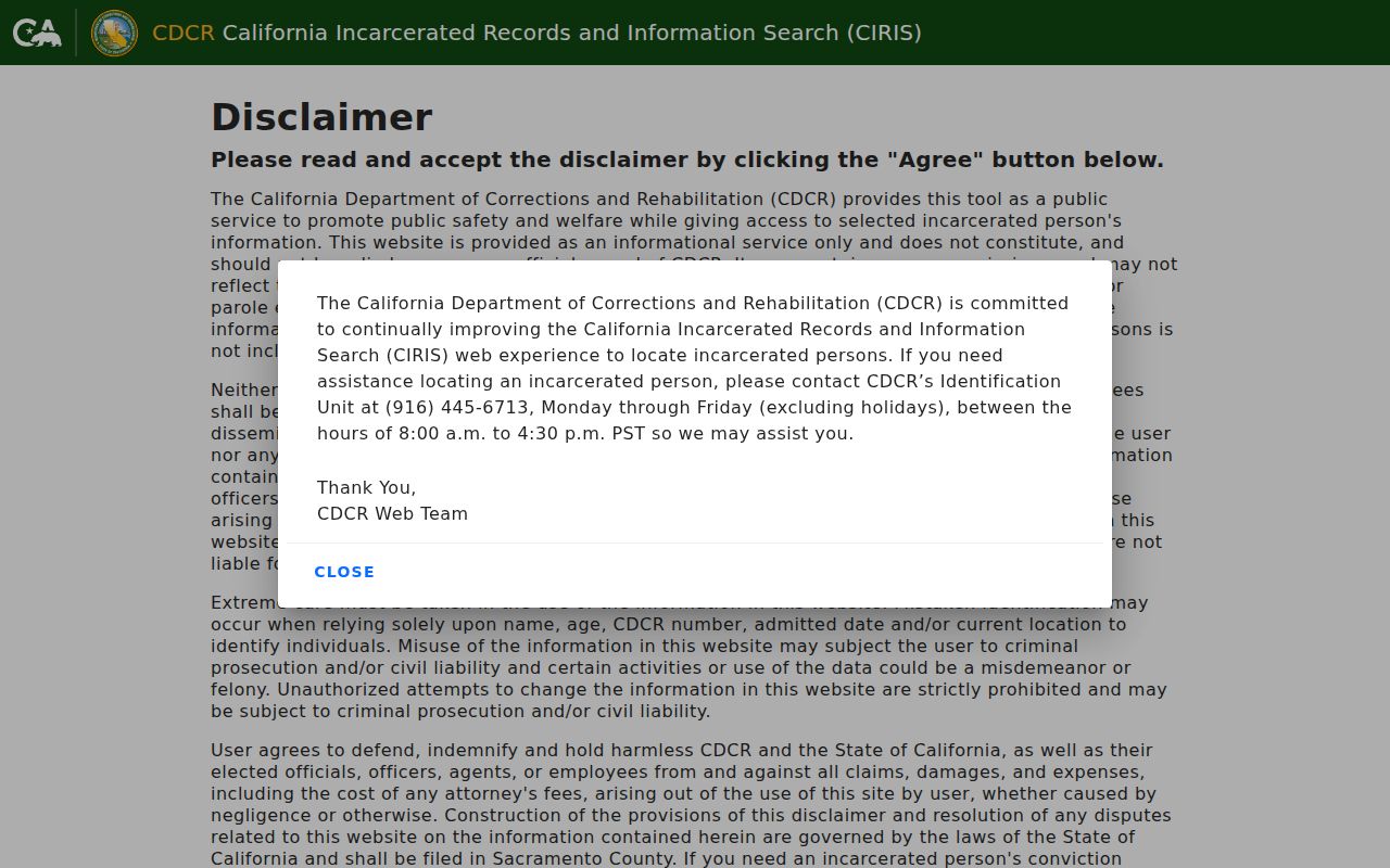 CDCR California Incarcerated Records and Information Search page